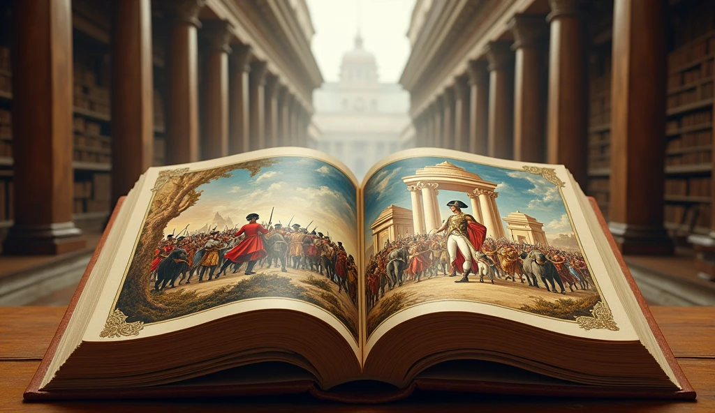 A large open book with two pages – on one page, an illustration of Napoleon leading his army at Austerlitz, and on the other, Samudragupta victorious at Kanchi, with a backdrop of symbolic icons representing law and culture."