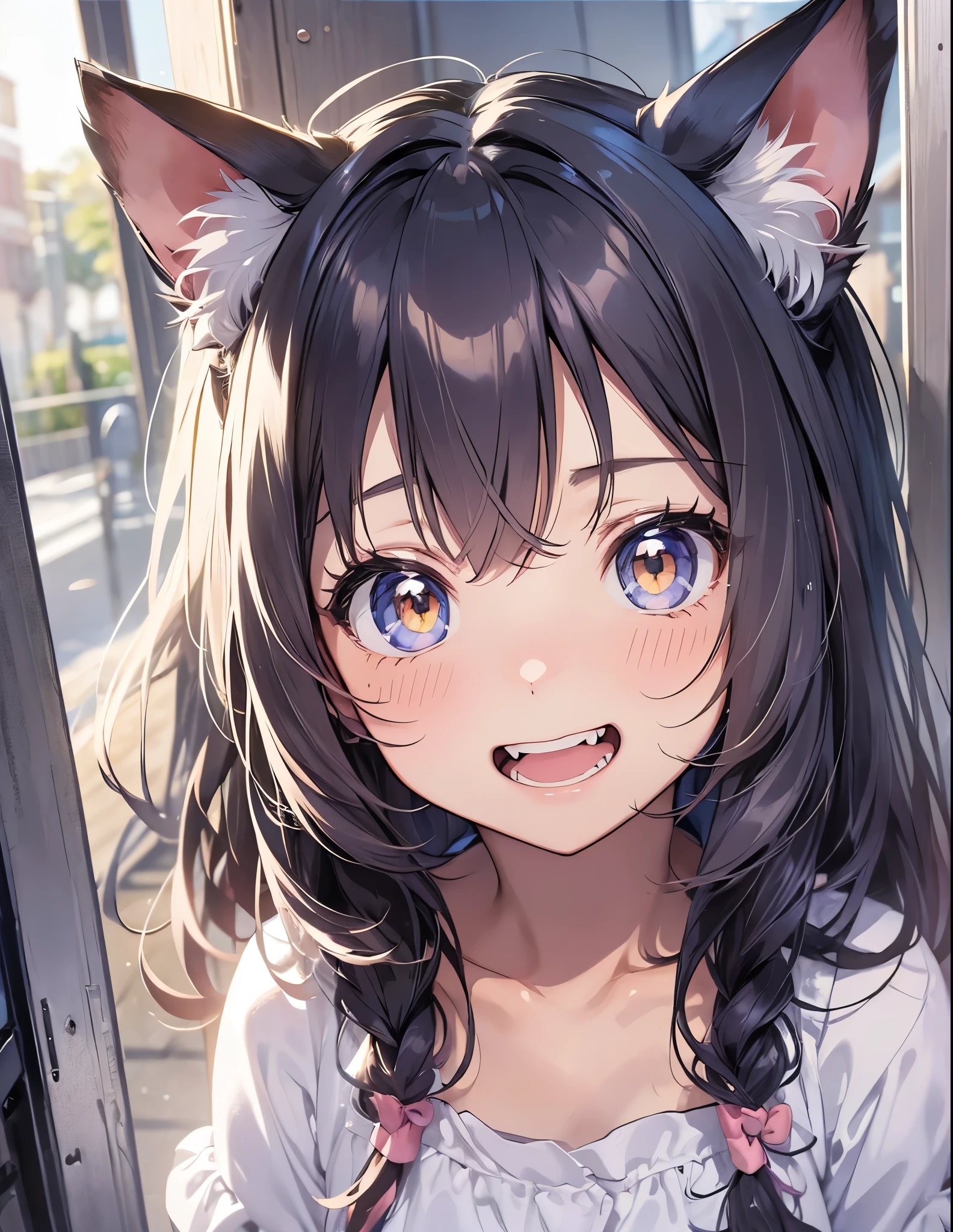 Cat-eared girl、Shaggy Hair、smile、from the front、:d、tooth,cute,独奏、Drooping ears