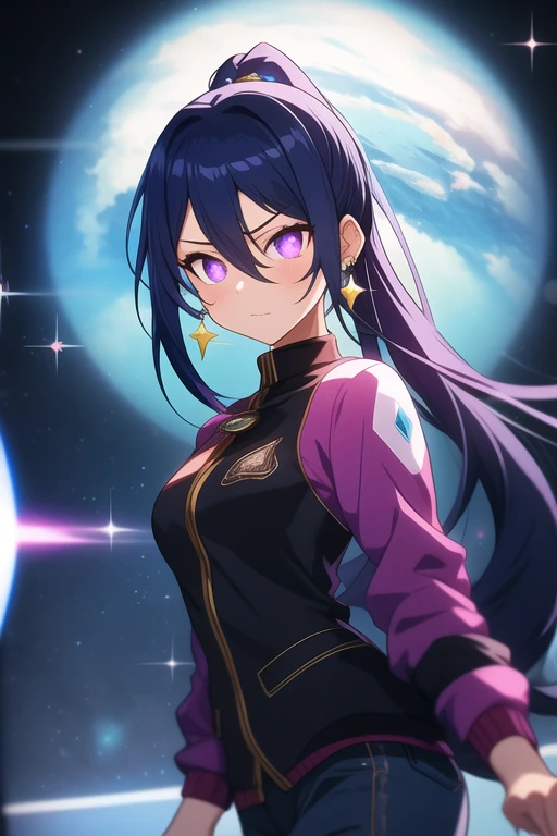 High neck shirt, loose full sleeves jacket, amethyst crystal locket,pants,long boots, dark blue hair, bangs, crossed bangs, hair between eyes, long hair, ponytail, very long hair, wavy hair, high ponytail, star-shaped pupils, eye reflection, glowing eyes, sparkling eyes, glaring, purple eyes, longeyelashes, amethyst earrings, serious, from side, from outside, atmospheric perspective, first-person view, pov, anime, anime, high detail, high detail, first-person view, pov, multiple views, cowboy shot, fisheye, from side, atmospheric perspective, sparkle, glowing light, reflection light, cinematic lighting, bloom, cinematic lighting, masterpiece, accurate, anatomically correct, super detail, high quality, award winning, best quality