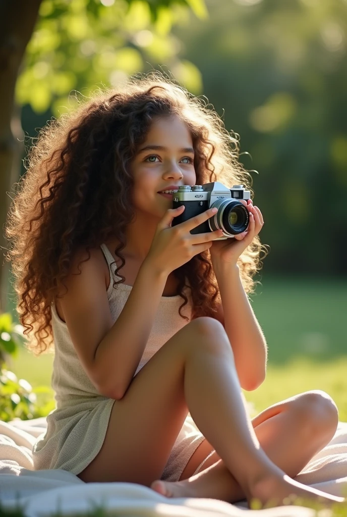 A brunette girl with curly hair and big breasts sits with her legs stretched out, taking a realistic photo