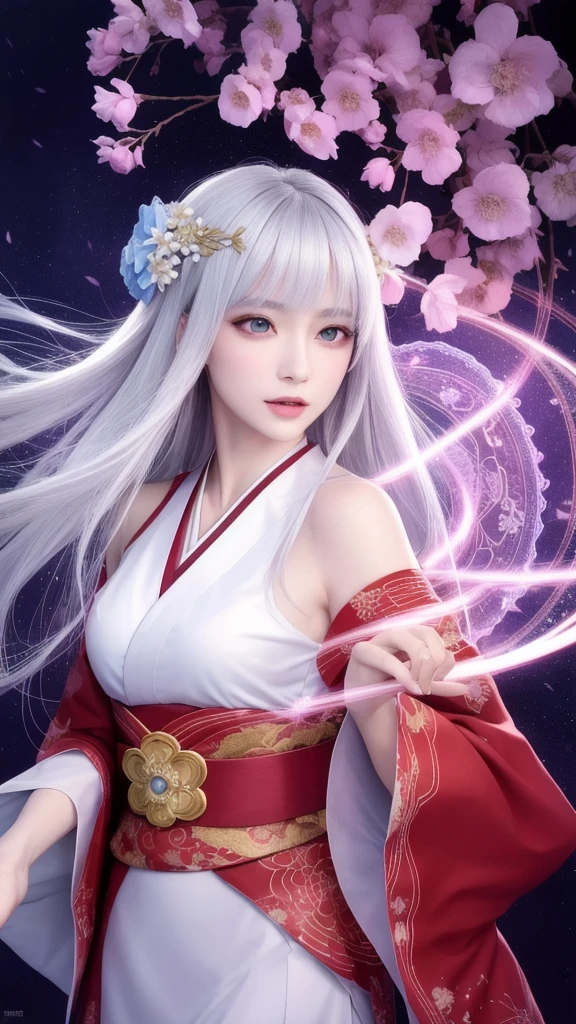 (masterpiece, Highest quality, 1 female, alone, Exquisite detail, chromatic aberration), (Realistic), (skin), ((breathe)), (Silver Hair, Blunt bangs, Short cut straight long hair, Short bangs, Silver Hair), Beautiful Hair, Red headdress, highlight, Hair on one eye, Beautiful Eyes, Purple eyes, Thick lips, Earrings, Sharp Eye, ((Gold and white kimono)), ((Symmetrical eyes)), ((Perfectly symmetrical body)), ((Perfectly symmetrical hands)), (PurerosFace_v1:0.3), Full moon night, ((Own, Natural light))), Bright lighting, Flowers Blooming in background, In front of the audience, ((Central Shot, from the front, (Face and shoulders))), Mysterious atmosphere, colorful Flowers Blooming around, Light colored background, 着物を着たShrine maiden, 美しいShrine maiden, Shrine maiden, ファンタジーのShrine maiden, 占いのShrine maiden, Fantasy Photography, Japanese style, Elegant cinematic fantasy art, Fantasy Woman, Magician Portrait, A powerful wizard surrounded by mystical colorful flowers, Embracing a shining heartrystal ball, Eyes glowing with mystical energy, The spell that escapes from her mouth, A vibrant, pulsating, rainbow-colored vortex of magic appears in the air., The magic permeates, Flowers Bloom, Sacred creatures gaze upon with awe, Threads of magical energy dance, Uncover hidden areas, Uncovering the secrets, Capture the essence of this enchanting moment、Highest qualityのキャンバスに魔術の神秘的な力を生き生きと表現します。. Highest quality, masterpiece, ultra High resolution, (photoRealistic: 1.4), RAW Photos, Sharp focus, High resolution, detailed skin.
周囲にFlowers Bloom, Light colored background, fortune teller in kimono, beautiful fortune teller, fortune teller, fantasy female fortune teller, female fortune teller, Fantasy Photography, Japanese style, fortune teller in kimono, Elegant cinematic fantasy art, Fantasy Woman, Magician portrait, fortune teller, A powerful wizard surrounded by mystical colorful flowers, Embracing a shining heart