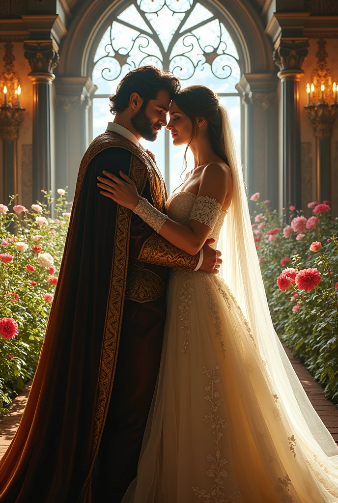 An handsome king holding his beautiful queen in his kingdom