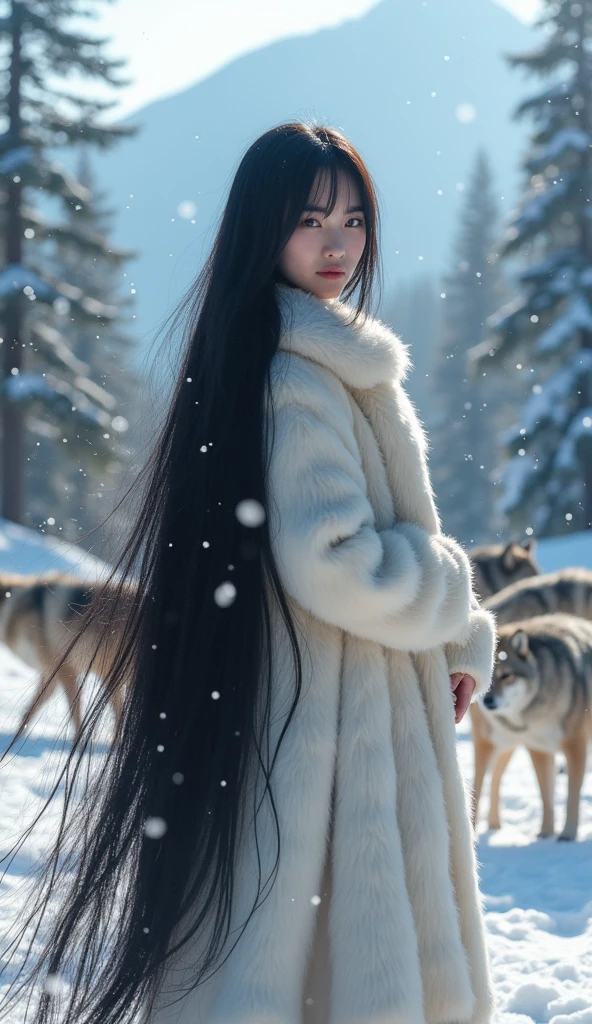 Cute Japanese girl、Full body photo、Head to toe photos、Taken from about 4 meters away、ultra-realistic、The longest black hair in the world、Hair longer than Rapunzel、She has very long black hair that covers her entire body.、My very long black hair makes me look sexy.、My charm is my long black hair、Long black hair is a symbol of beauty、、This long hair length and volume is admired around the world.、Her very long black hair is fanned out、Smooth black hair that flows from shoulders to floor、I have a lot of hair, black hair about to overflow from the screen、,Full body photo,超Super long hair 、Cover the whole body with straight hair、Very beautiful face、beautifully styled black hair、Very large amounts of hair、Super long hair that accentuates femininity'sexly、Slim figure、Beautiful and shiny hair、Bright lighting、Professional Lighting、Full body photo、My hair is reaching the floor and dragging、Full of black hair、, Show off your long hair.、Long black hair covers the whole body、Super long hair、Best image quality、highest quality、Highest Resolution、Ultra-realistic photos、Full body photo、1 girl、Very beautiful face、 Real Photo、Live-action,((large breast:1.6)),((wear thick fur coat)), ((luxurious faux fur coat)) , sunlight from side,hard lightning,On snow mountain,wolf around,