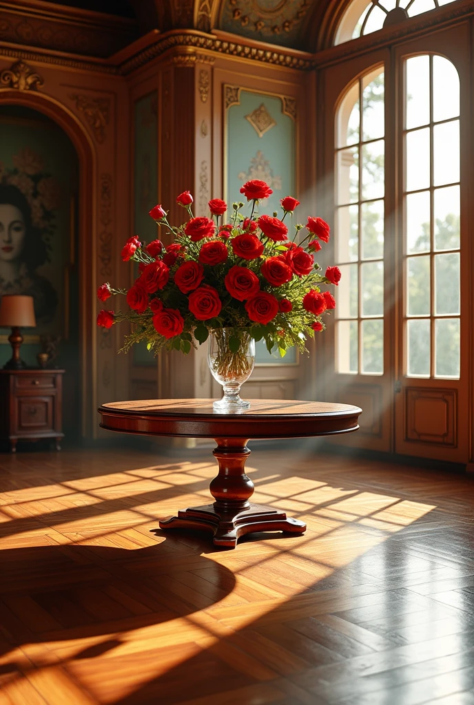 A beautiful Western-style mansion. Light streams in from the windows inside the room. A large, magnificent table. On the table, a magnificent, large vase with many bright red roses.