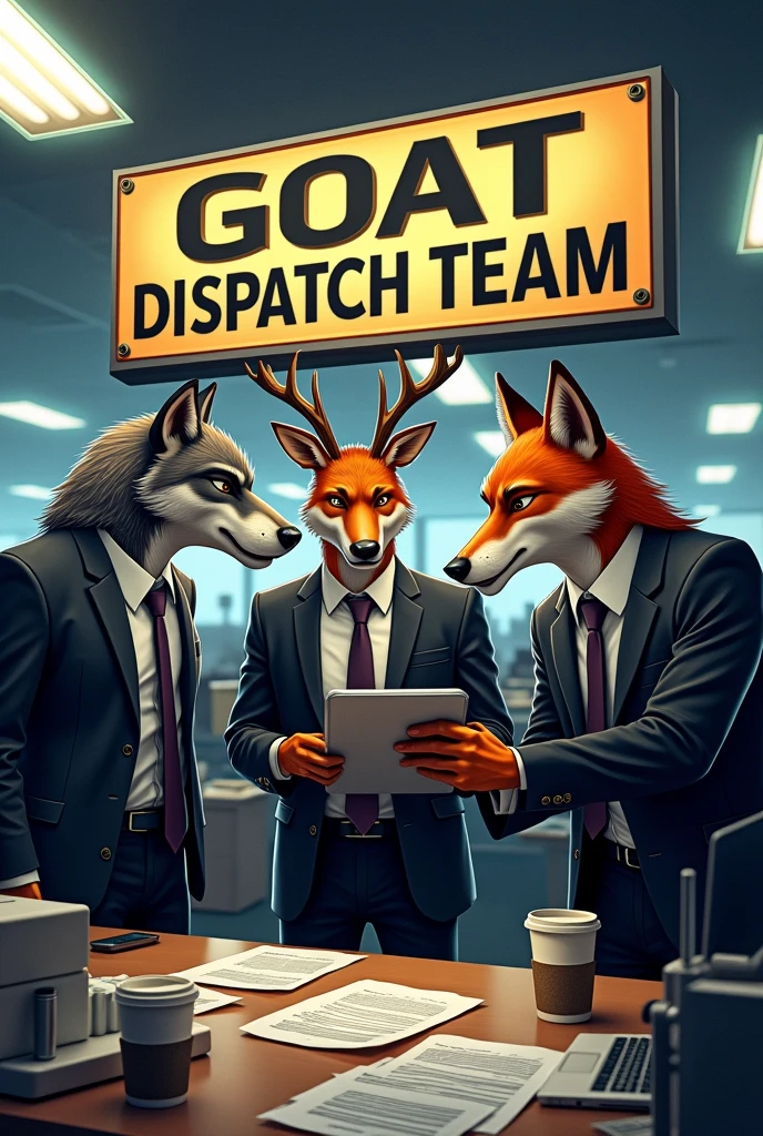 Update team hunter animals with suit on the office angry and behind letter “GOAT DISPATCH TEAM”