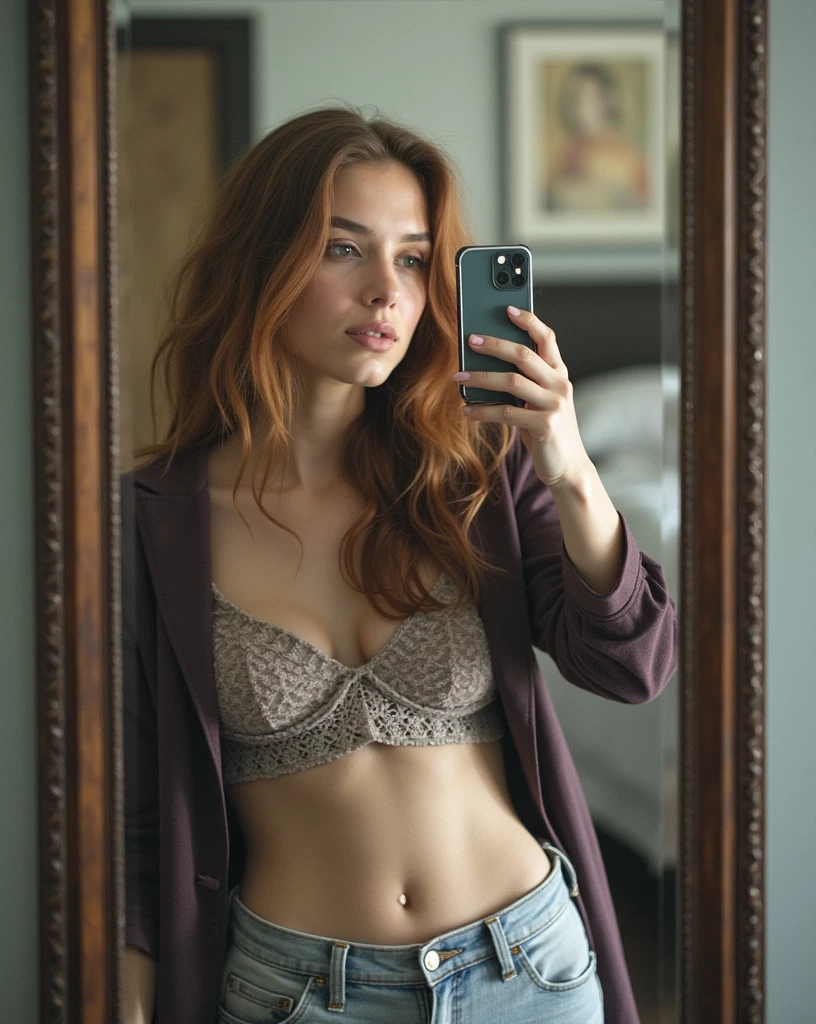 beautiful 18 year old woman, chestnut hair,sad face, wearing jeans taking a picture with an iPhone