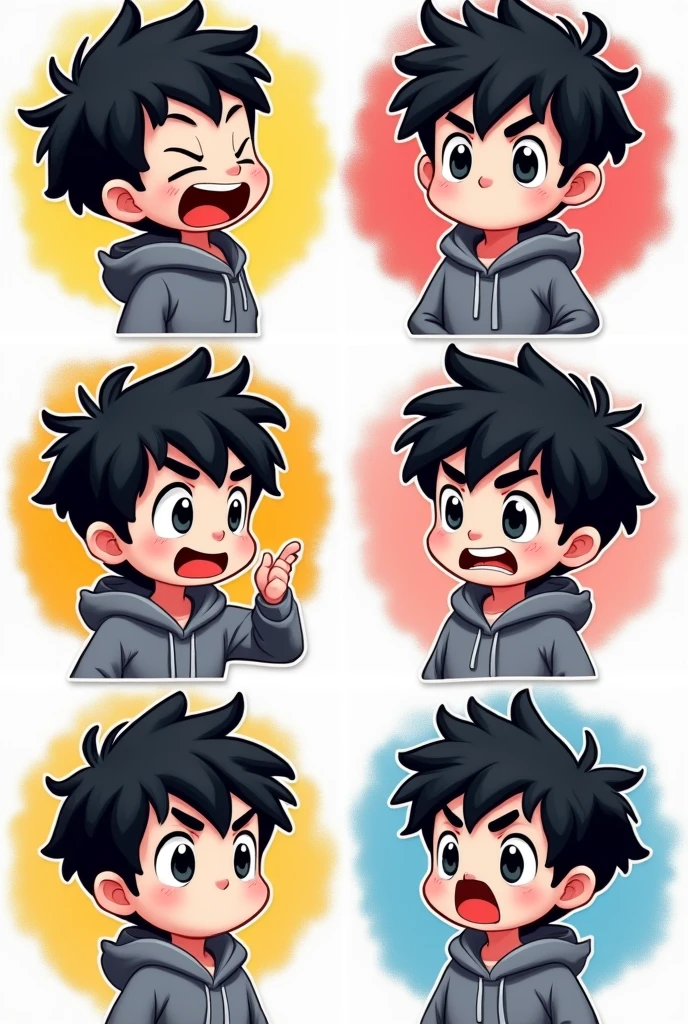 I want to create a series of stickers for WhatsApp and Telegram here the character has white skin, black eyes, black hair, gray hoodie, he's a boy, shoulder head stiker series. Funny, angry, thinking, surprised