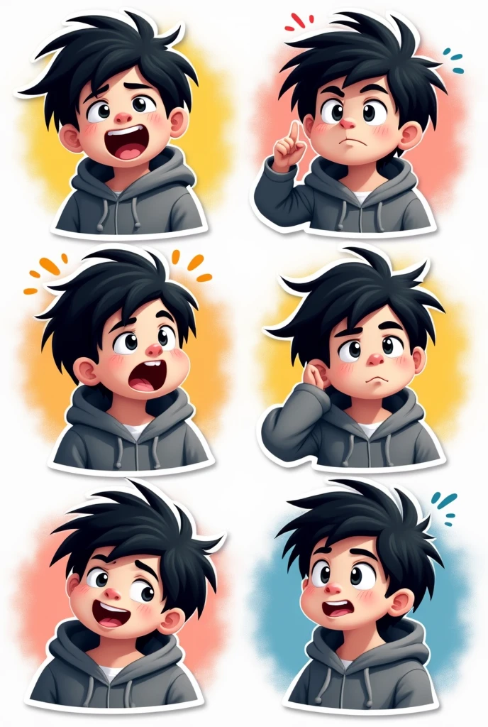 I want to create a series of stickers for WhatsApp and Telegram here the character has white skin, black eyes, black hair, gray hoodie, he's a boy, shoulder head stiker series. Funny, angry, thinking, surprised