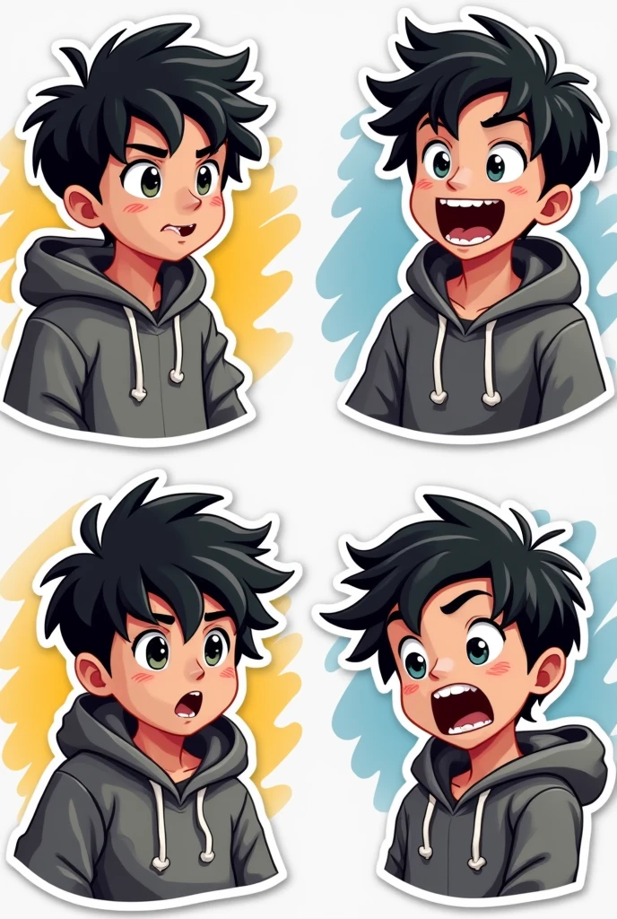 I want to create a series of stickers for WhatsApp and Telegram here the character has white skin, black eyes, black hair, gray hoodie, he's a boy, shoulder head stiker series. Funny, angry, thinking, surprised