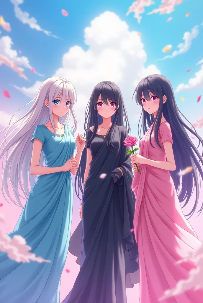 Beautiful girls, with skyblue sari,pirpal eyes, long pirpal hair, pink sari,skyblue eyes, white hair, black sari,pink eyes long black hair. A beautiful girl, with pirpal hair, with white eyes, with skyblue sari, a rose in his hand, anime