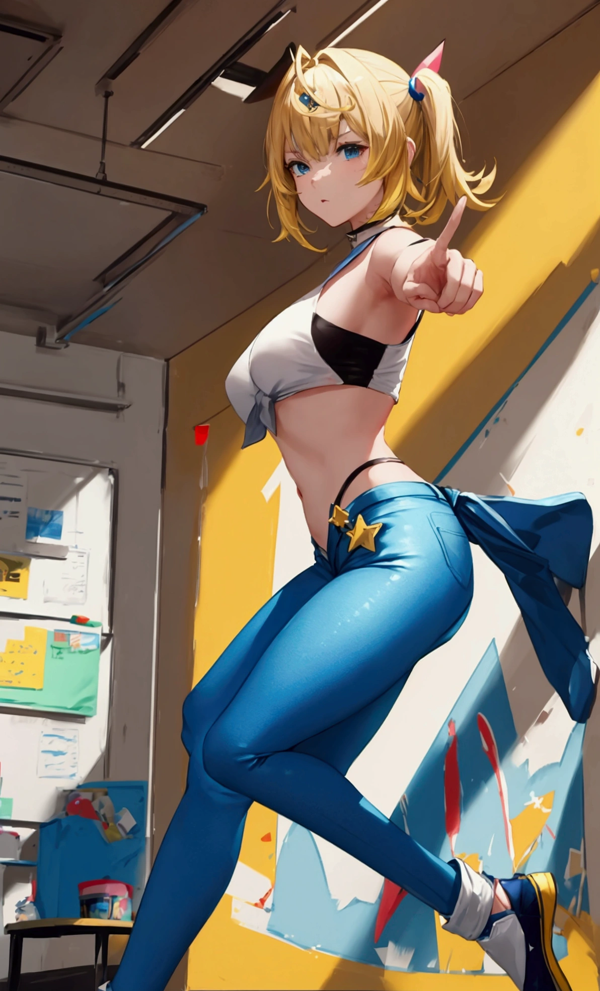 unbeatable masterpiece,hand gun,dynamic move,blue hotpants,stand on bill