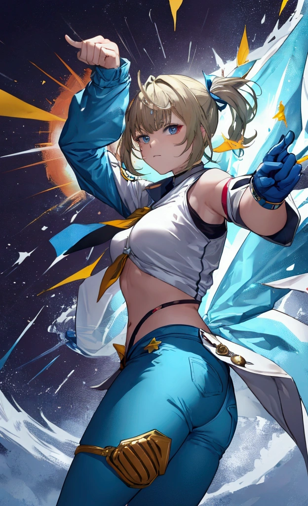 unbeatable masterpiece,hand gun,dynamic move,blue hotpants,stand on bill
