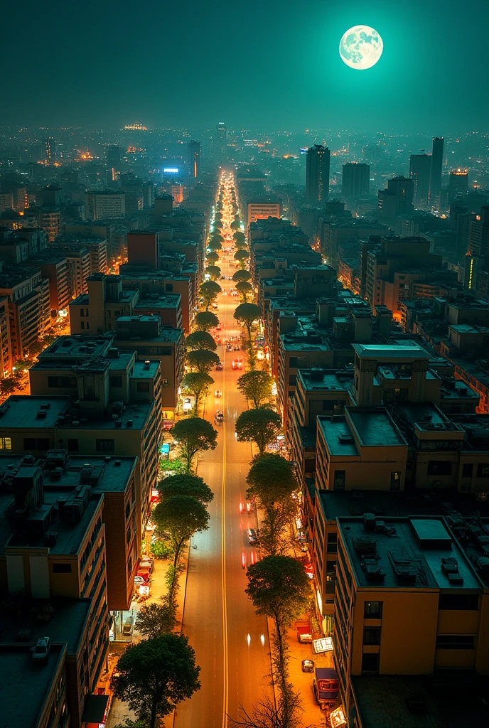 Addis Ababa city at night which is glow light and decoration on top view with Ethiopian flag.