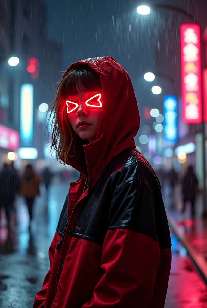 A teenager in the rainy night with brown hair and a red and black jacket with the hoodie on and a red LED mask
