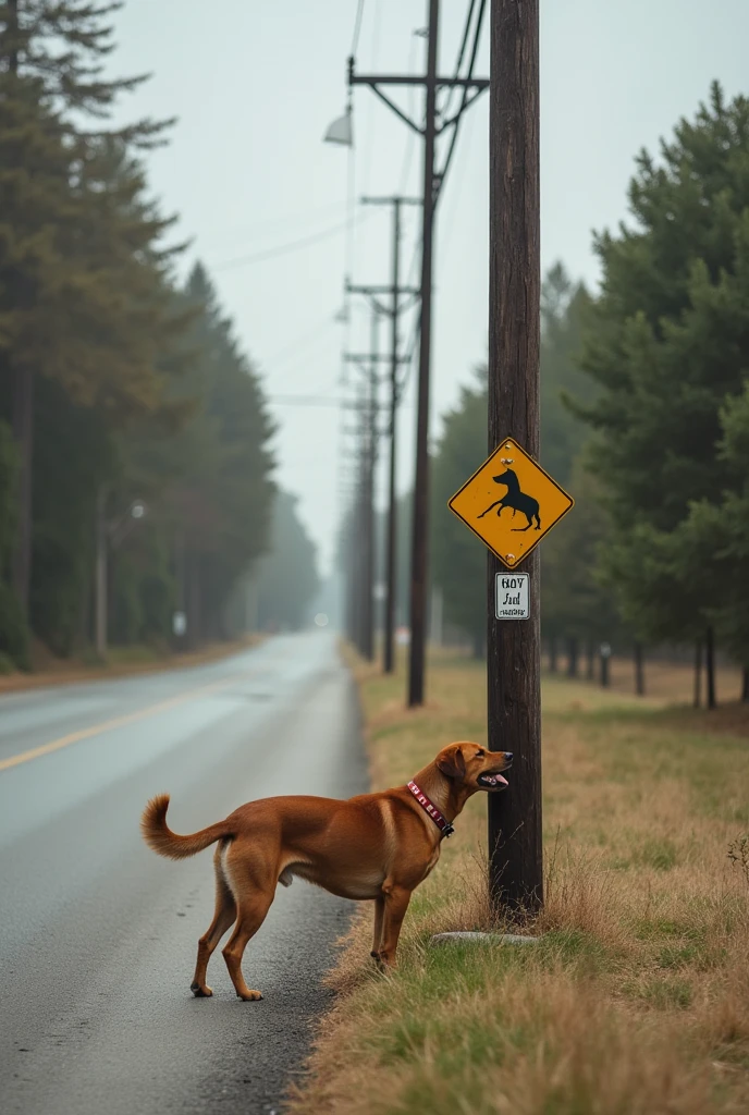 A dog urinating on a utility pole