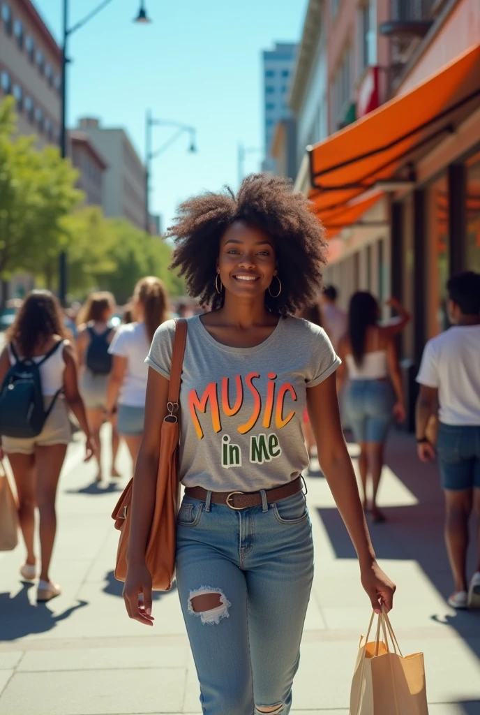 BLACK WOMAN WALKING ON IN THE LOCATION WEARING T SHIRT WRITTEN "MUSIC IN ME" ON A SUNNY DAY AROUND PEOPLE NEXT TO THE SUPERMARKET