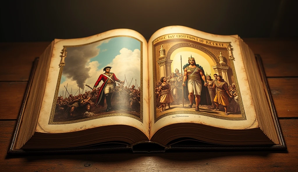 A large open book with two pages – on one page, an illustration of Napoleon leading his army at Austerlitz, and on the other, Samudragupta indian king victorious at Kanchi, with a backdrop of symbolic icons representing law and culture."