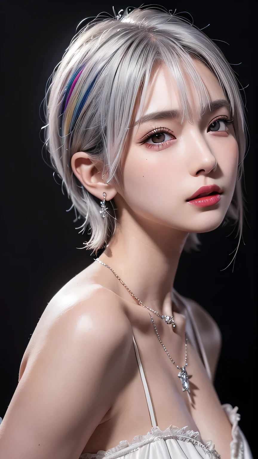 very cool,One person,jewelry,Multicolored Hair,Silver Hair,Gray Hair,alone,necklace,short hair,whole body,Earrings,Red lips,avert your eyes,Exposing shoulders,Look to the side,compensate,lipstick,, Highest quality , masterpiece, figure, Very delicate and beautiful, Very detailed ,CG,Unity,8k wallpaper, wonderful, In detail, masterpiece, Highest quality,Official Art,Very detailed CG Unity 8k wallpaper,Absurd, incredibly Absurd, Large file size , Very detailed, High resolution, Very detailed,Beautiful detailed, Very detailed eyes and face, Beautiful attention to detail,Light on the face,