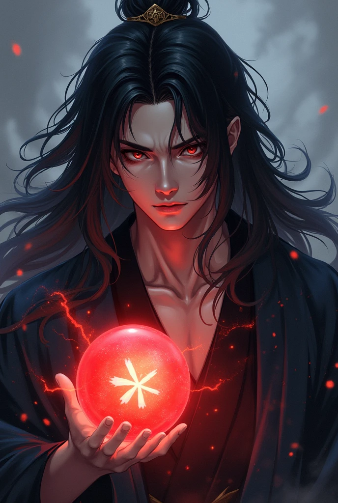 black haired, cold looking man, black eyes, long hair, majestic features, wearing a kimono, holding a glowing red ball of energy in his hand, novel cover.