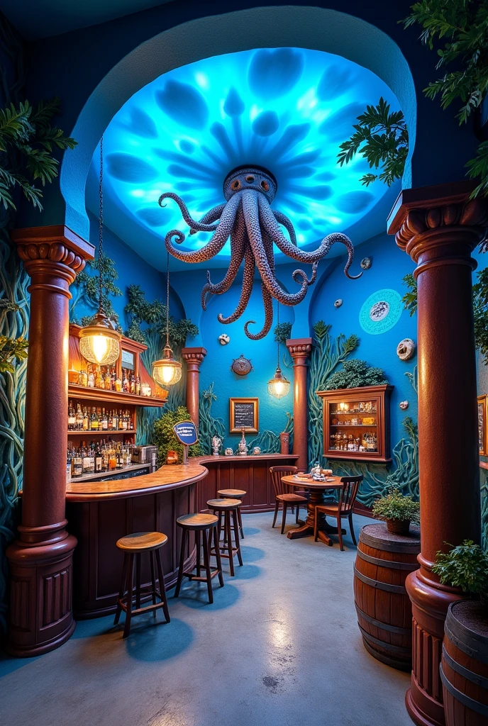 a cubicle of 3.10m wide x 2.50m long and 2.65m high, with reef-type decorated walls, on the ceiling, an octopus giving decoration and around it, simulated celestial clouds with blue lights., on both sides of the front part, old-style cafe columns with pirate decorations, In the front, a bar counter with an old cafe style, also known as tmb, in the background on the right side, at a table, a barrel where, and on the left side a kitchen