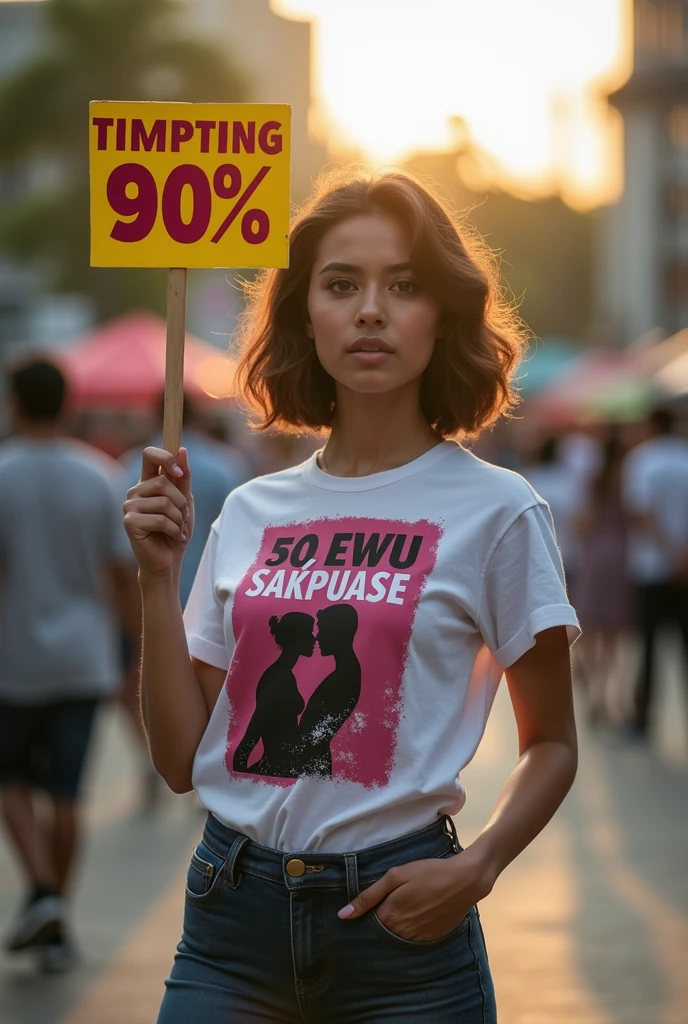 A beautiful Indonesian girl, wearing a t-shirt with a strong vector design featuring a silhouette image of a naked couple having sex in black colour. The sentence "50 EWU SAKPUASE" is displayed with bold and distressed typography pastel tone, holding a poster a sign that reads "(DISKON 90%)", short wavy hair, in a public place, surrounded by many men, large and sexy breasts, mitenight, with a shooting angle from the front, very realistic, (complex detail: 0. 9), (hdr, hyperdetail: 1.2), RAW, Sony Alpha a9 II, 24-105mm f/4, HDR,
