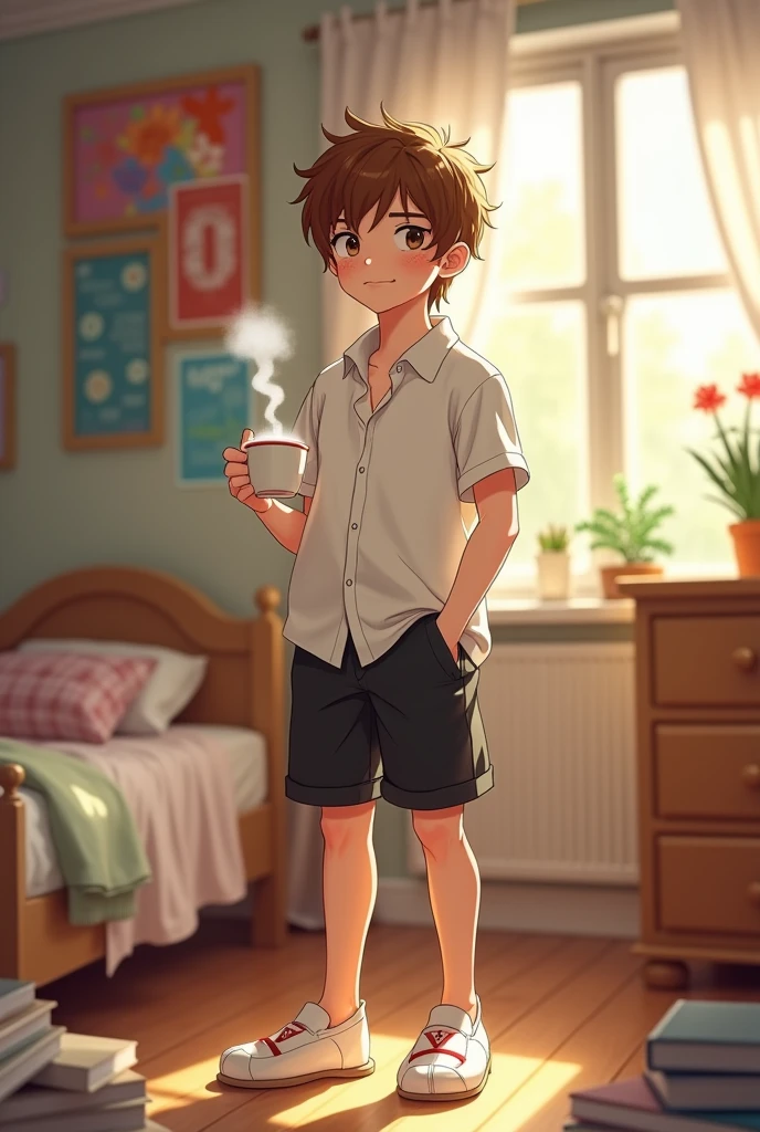 adolescent, Caucasian skin, eyes browns, Defined physique, light brown hair, light skin boy, attractive boy, white shirt, manga curta, black knee-length shorts, white slippers, calf-length socks, fully body, standing, holding a cup, broad shoulders small smile, Inside the house, in the bedroom,