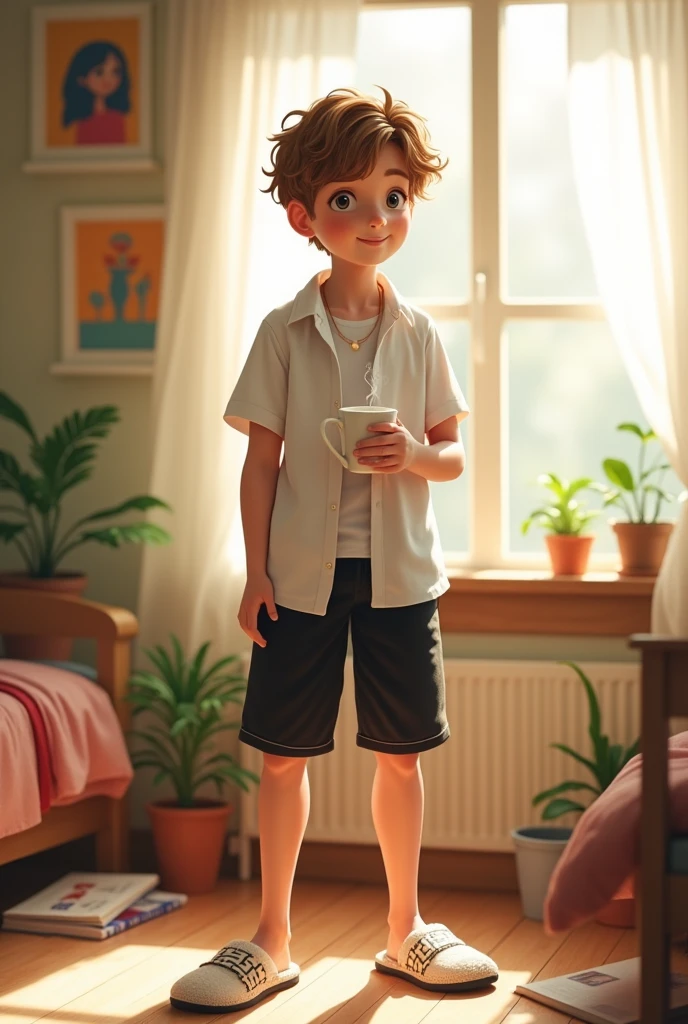 adolescent, Caucasian skin, eyes browns, Defined physique, light brown hair, light skin boy, attractive boy, white  shirt, manga curta, black knee-length shorts, white slippers, calf-length socks, fully body, standing, holding a cup, broad shoulders small smile, Inside the house, in the bedroom,