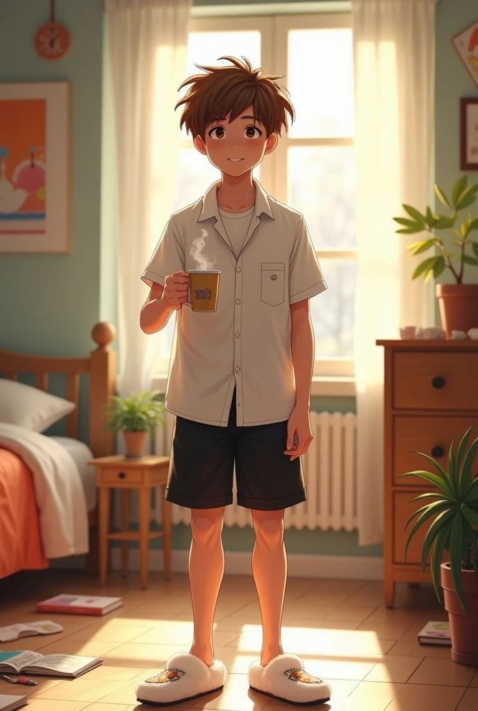 adolescent, Caucasian skin, eyes browns, Defined physique, light brown hair, light skin boy, attractive boy, white shirt, manga curta, black knee-length shorts, white slippers, calf-length socks, fully body, standing, holding a cup, broad shoulders small smile, Inside the house, in the bedroom,