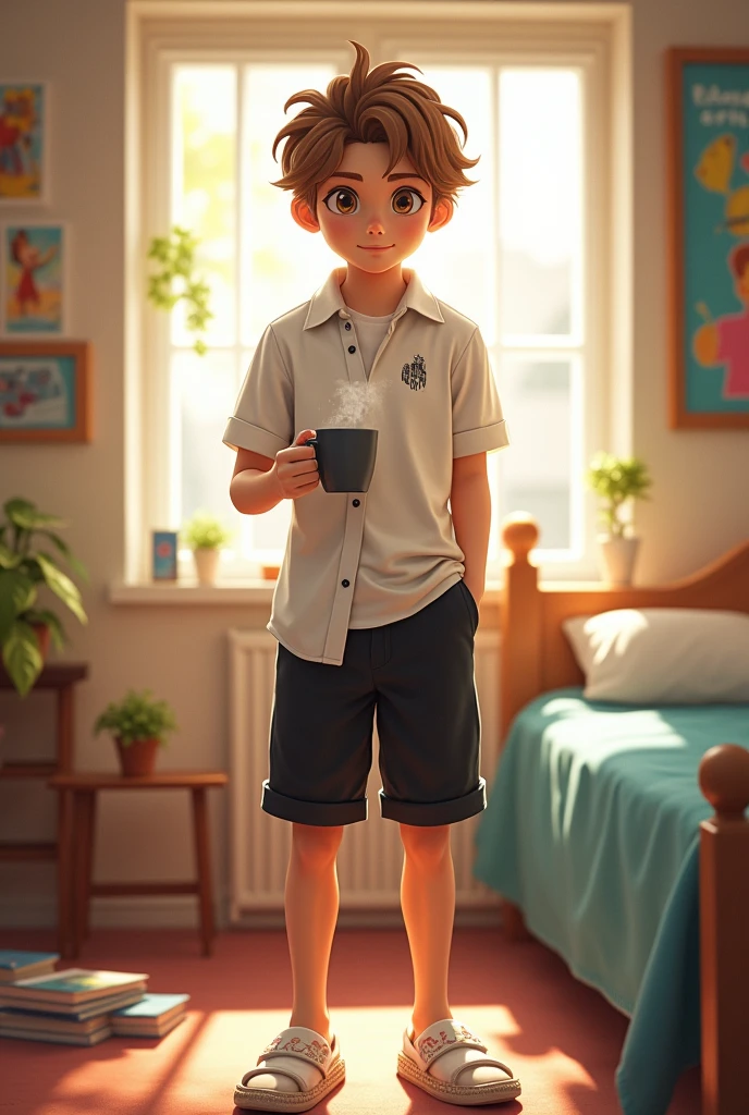 adolescent, Caucasian skin, eyes browns, Defined physique, light brown hair, light skin boy, attractive boy, white shirt, manga curta, black knee-length shorts, white slippers, calf-length socks, fully body, standing, holding a cup, broad shoulders small smile, Inside the house, in the bedroom,