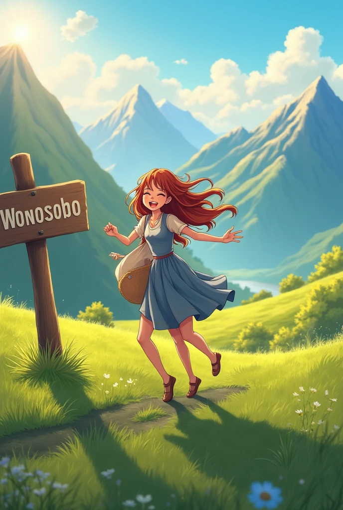A beautiful woman is playing with her friend on a green hill with a beautiful mountain view and there is a sign that says Wonosobo