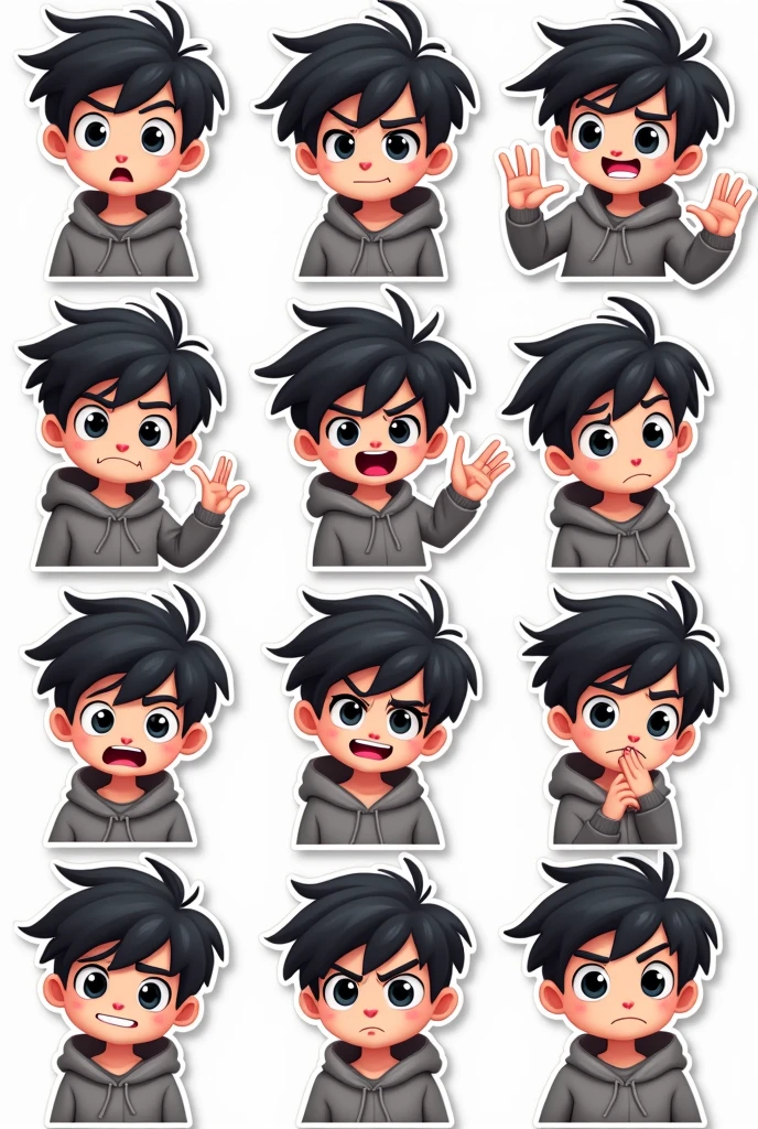 I want to create a series of stickers for WhatsApp and Telegram here the character has white skin, black eyes, black hair, gray hoodie, he's a boy, shoulder head stiker series. Funny, angry, thinking