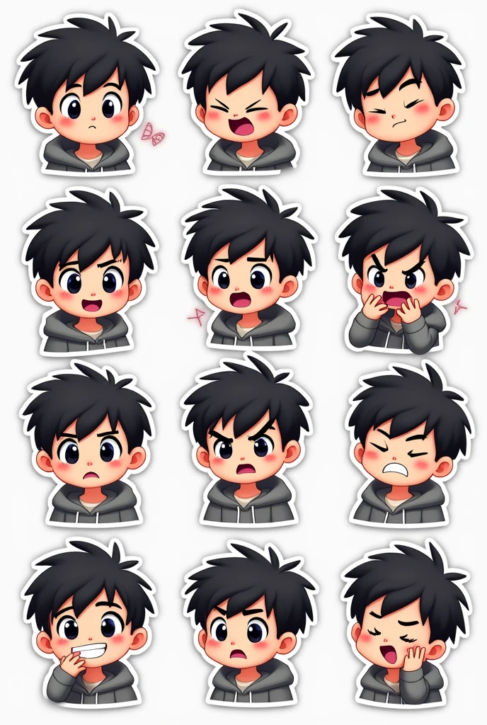 I want to create a series of stickers for WhatsApp and Telegram here the character has white skin, black eyes, black hair, gray hoodie, he's a boy, shoulder head stiker series. Funny, angry, thinking