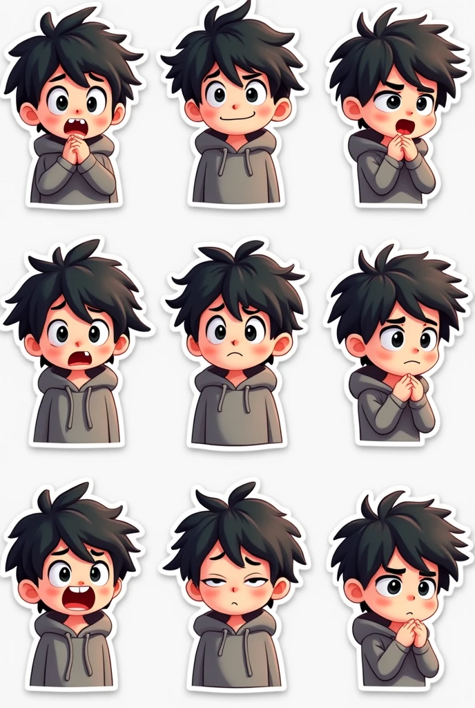 I want to create a series of stickers for WhatsApp and Telegram here the character has white skin, black eyes, black hair, gray hoodie, he's a boy, shoulder head stiker series. Funny, angry, thinking