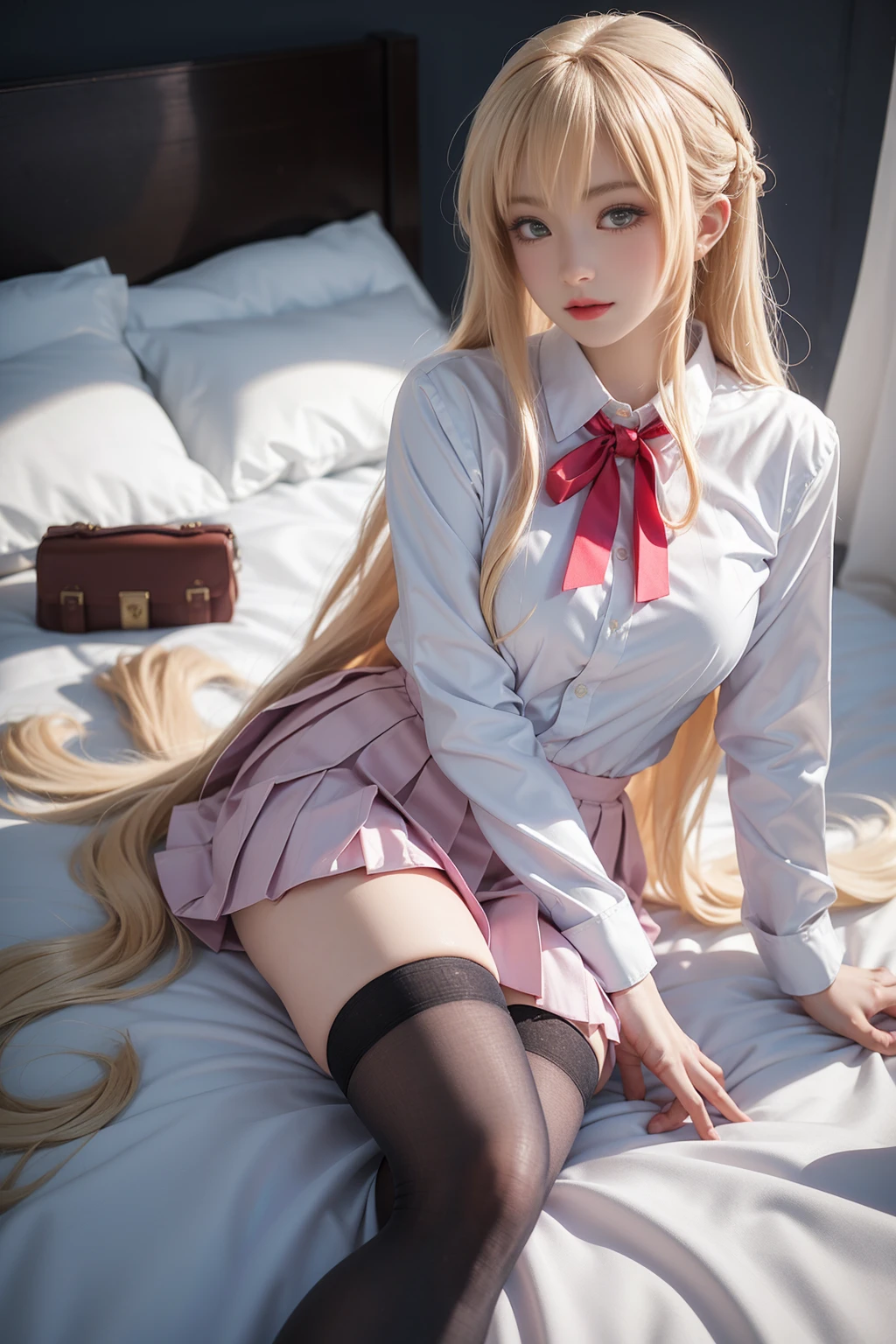 soul lover, 1girl,cosplay, 独奏,school uniform,
very long hair, parted bangs,blonde hair,
red neck ribbon,white collared shirt,long sleeves, red pleated skirt, black thighhighs, loafers,（(Girl lying in bed))、A beautiful and moving woman, in an elegant pose, her full breasts on display.，Visible cleavage，The skirt is short, Sexy long legs，Variety of slim and cute beauties, Her long hair cascades down her shoulders like a waterfall。She smiles radiantly，Eyes sparkle，Her skin is flawless。Her curves are highlighted。Sparkle in the light，The colors are soft，Perhaps in shades of light pink or lavender。She lay confidently，One hand on hip，Her posture is both graceful and strong。She wears elegant high heels，Goes well with her outfit。In the warm golden sun。The overall atmosphere of the image is tranquil and uplifting，Emphasizing natural beauty and elegance, Studio Lighting,Bright colors, Sweet maiden, sweet smile, make up，shy，Blush，Parted lips，Heavy breathing，moan，Surrealism，Realism，Movie Lighting，Relief，Sony FE GM，Retina，masterpiece，precise，Anatomically correct，Textured Skin，Super Detail，High Detail，best quality，rich and colorful