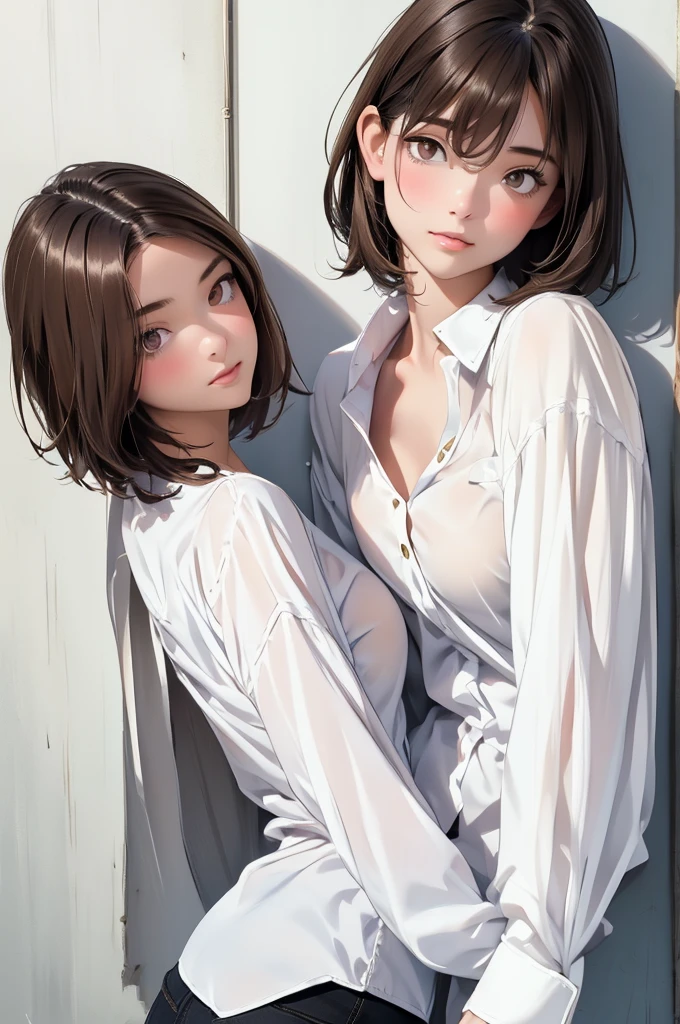 High Definition, Beautiful Japanese Idol Teenage Girl with Dark Hair, Dark Beautiful Droopy Eyes, ((Very Short Hair)), Silk Skin, Blush, Bashful Face, Photorealistic, Portrait, Masterpiece Painting, One Woman (White Shirt:1.5), Flat Breasts, 8K, Leaning Against White Wall, Shadow, High Contrast