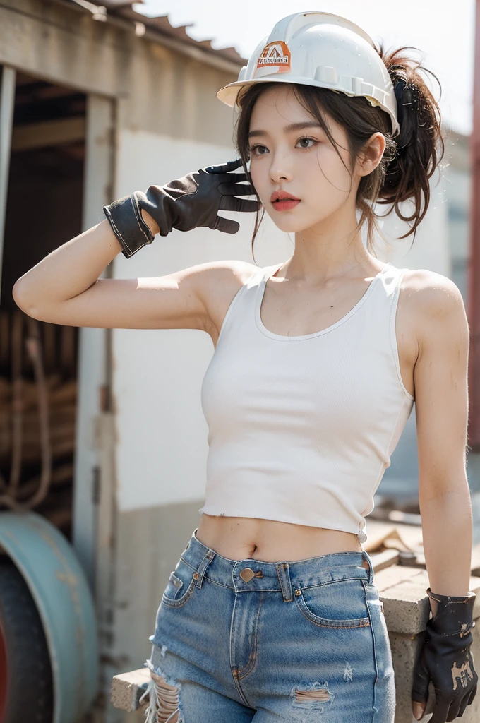 (((best quality))), (((ultra detailed))), (((masterpiece))), illustration,((a beautiful girl,solo)),(hard hat on head:1.3),(short ponytail:1.2),(Brownish red skin:1.3),(flushed cheeks:1.3),((sweat,wet)),((slim,thin)),((small breasts,flat chest)), (dirty torn white tank top:1.3),(navel:1.2),(tattered jeans:1.3),(slender legs:1.2),(standing:1.2),(High altitude construction site:1.3),(on the roof:1.2),(outdoor:1.2),(bricks:1.3),(sturdy gloves:1.3), scorching sun, vibrant city,((cement, dust)), determined hustle, quiet, determined girl, indomitable spirit, human resilience, perseverance, unwavering resolve, back-breaking work, awe, respect, narrative, sacrifice, hard work, unseen heroes, city buildings,((from front,upper body))