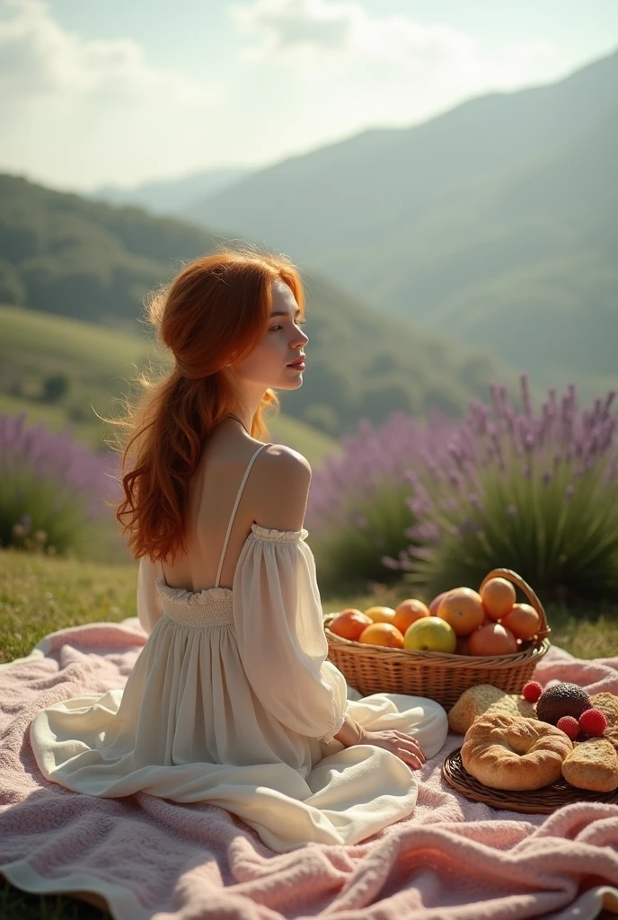 girl, 5, Light red hair, sitting on a towel. Picnic. She looks at a point beyond the viewer. Provence. haze. 超detailded. Provence. Foggy . High grain film. retro photography, David Hamilton Style. Analootography. grainy. nymph.