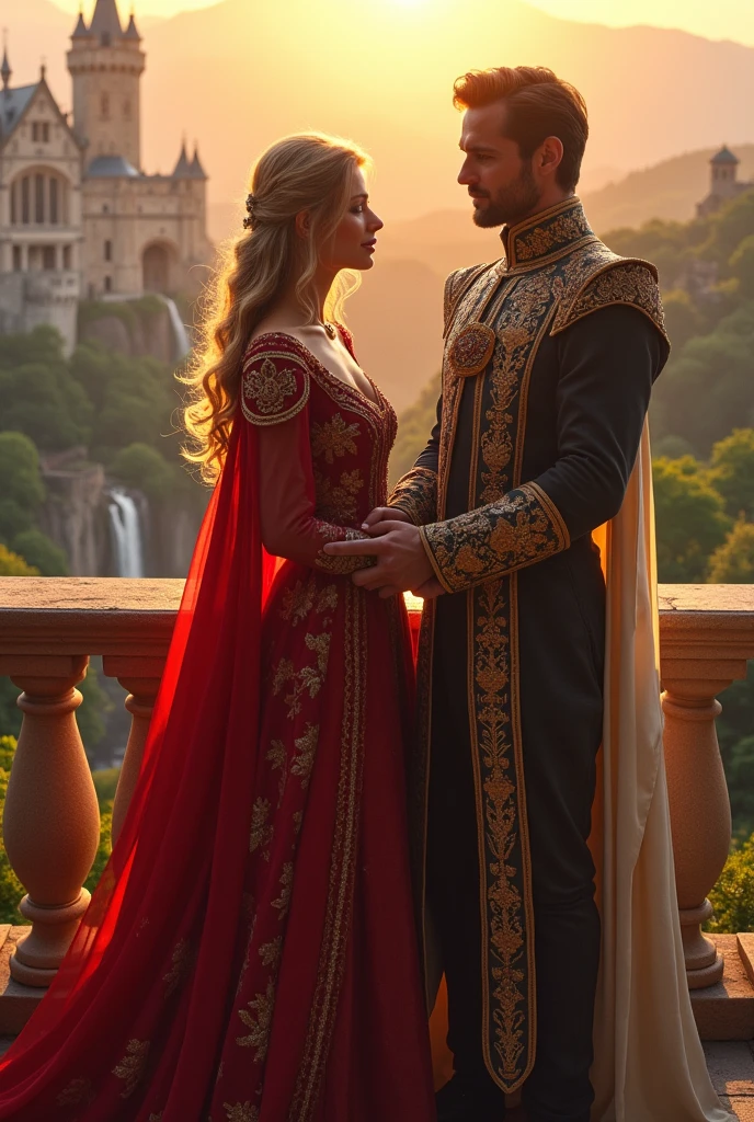 An handsome king in an sexy manner with his beautiful queen in his kingdom