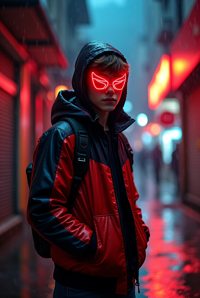 A teenager boy in the rainy night with brown hair and a red and black jacket with the hoodie on and a red LED face mask

