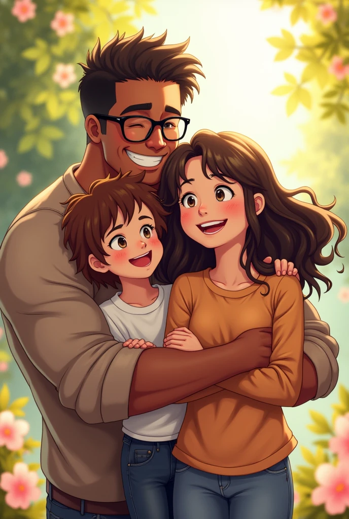 Can u generate a brown skinned adult with glasses and buff body , anime version being hugged by his teenage daughter with wavy dark brown hair ,a 5 year old daughter with short brown hair , and a teenage son witch glasses and dark brown hair