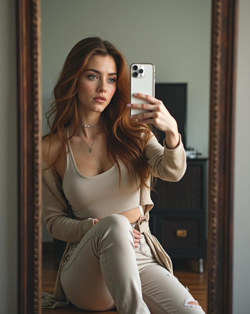 beautiful 18 year old woman, chestnut hair,sad face, wearing jeans taking a picture with an iPhone