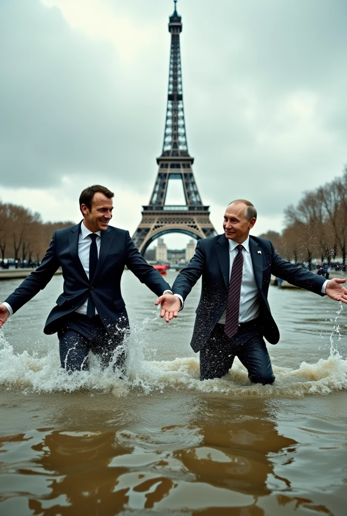Macron and Vladimir Putin swimming in the polluted waters of the Seine River in front of the Eiffel Tower