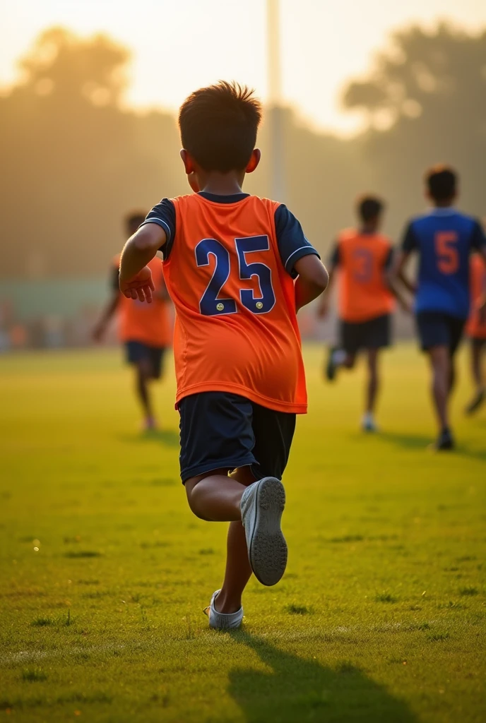 A boy running in his kho kho with back side and his name Ashutosh and jersey number 25 written on his jersey
