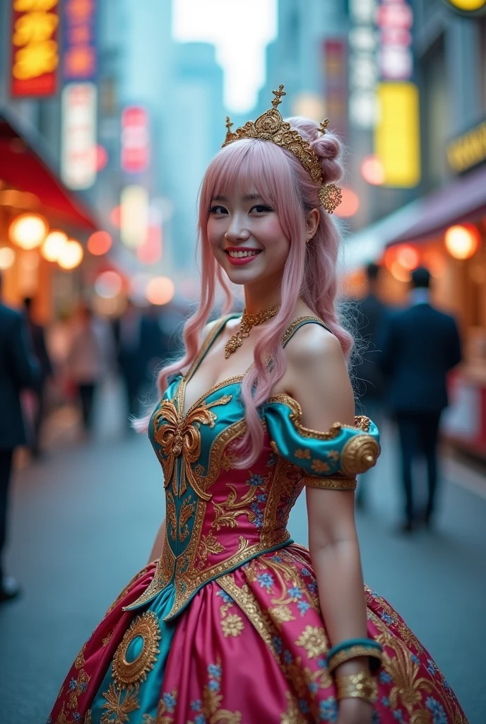 Cosplay, Tokyo Street, smile, masterpiece, high quality, High resolution, Large file size, Full Color, 1 person, gorgeous detailed dress, View the viewer, (Sigma 85mm f1.4), Depth of written boundary, Bokeh, Detailed photorealistic backgrounds, Detailed lighting, Diffused natural light, Diffused, natural skin glow,Full body photo