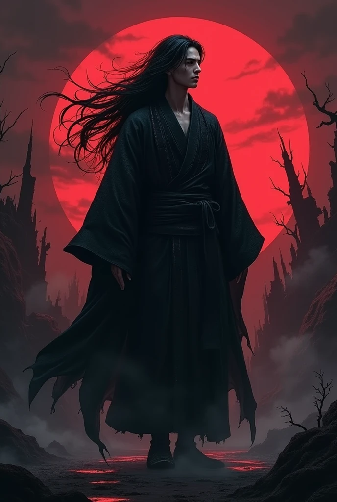 Anime, Male, Black hair, immortal like appearance, dark souls atmospheric, black dark stripped kimono.