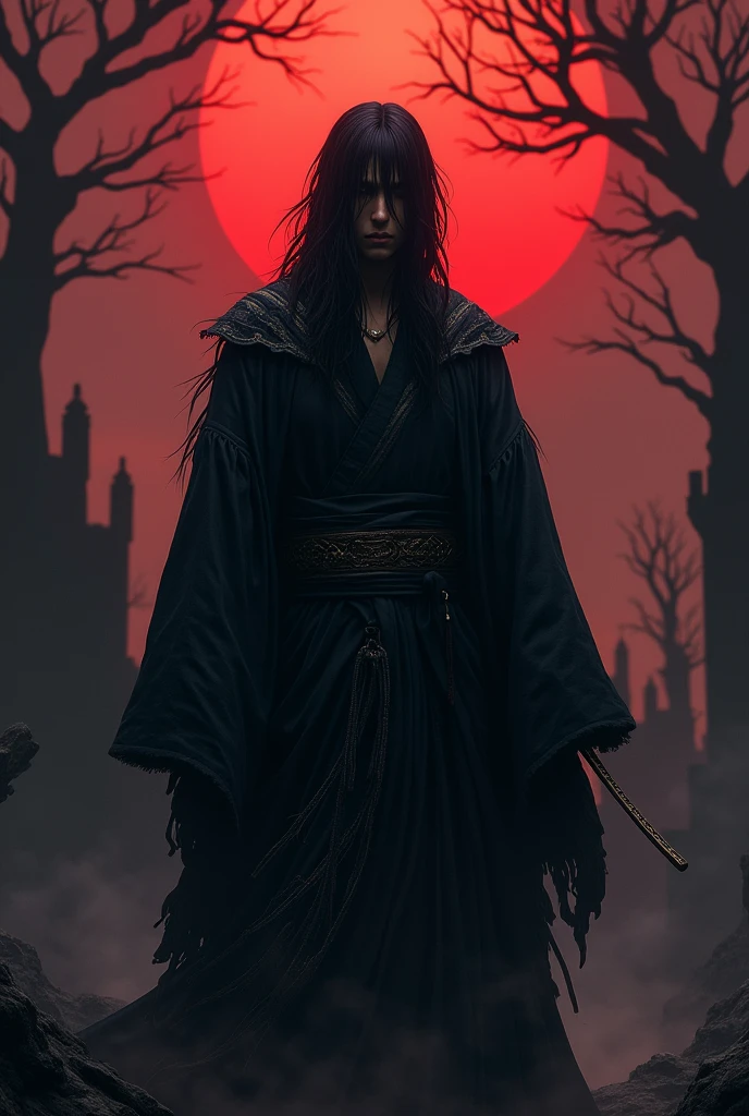 Anime, Male, Black hair, immortal like appearance, dark souls atmospheric, black dark stripped kimono.