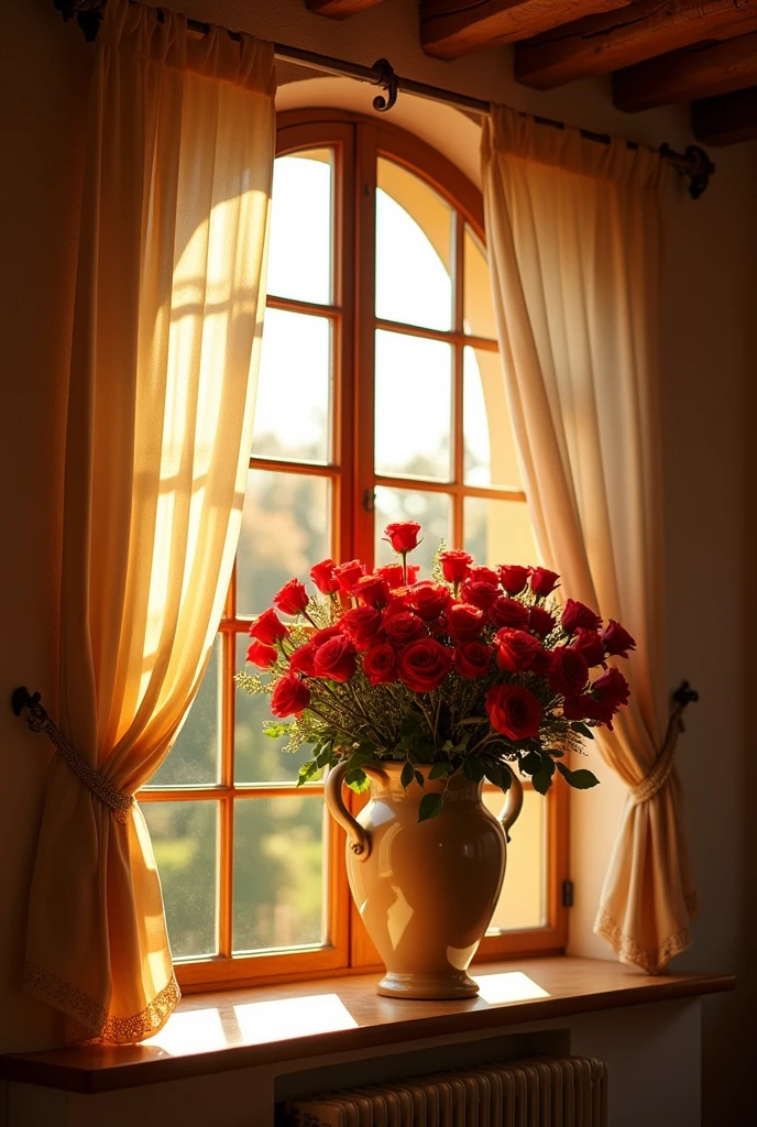 In a beautiful Western-style house, light shines through a large window. On the windowsill are a large vase filled with red roses. 