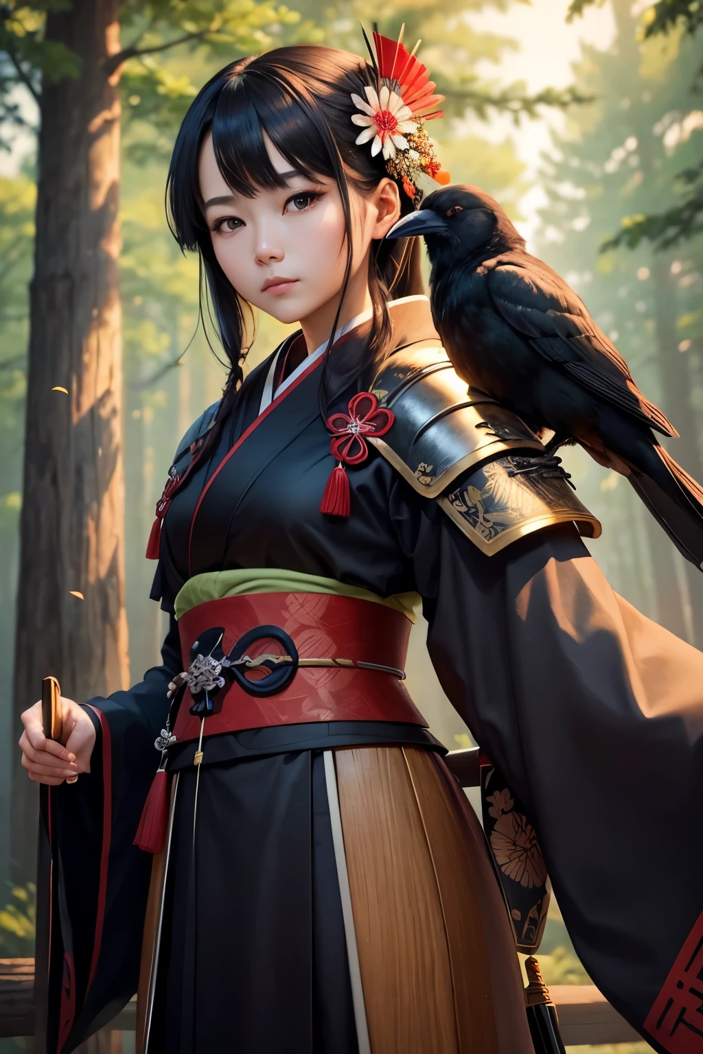 (Highest quality:1.2)。One Woman。A crow disguised as a young and beautiful woman。Karasutengu。kimono。Samurai Armor。Carrying a great katana。Standing on the branch of a large cedar tree。Background is a bright cedar forest。