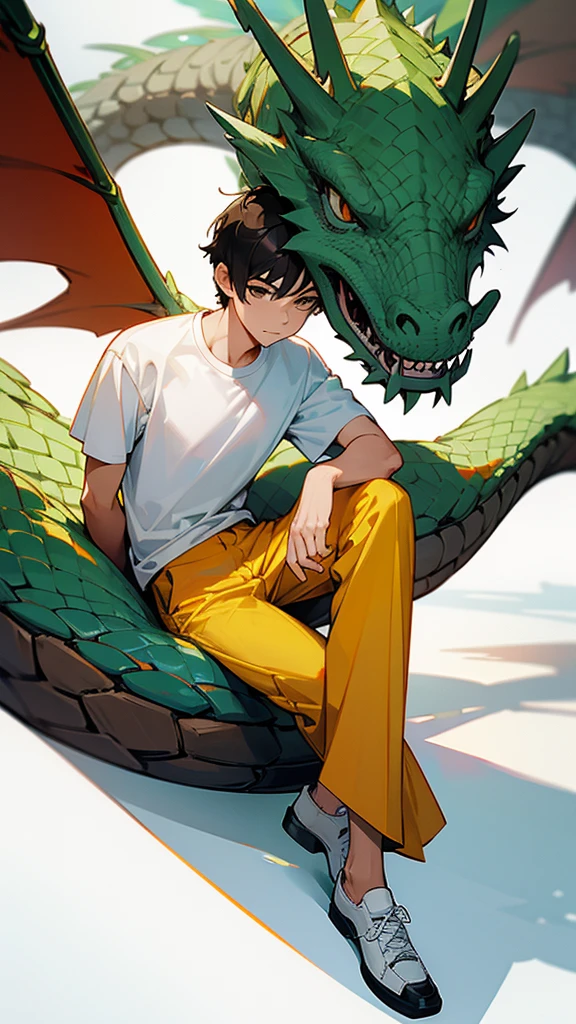 a man, short hair, wearing white t-shirt, wearing pants, wearing shoes, sitting next to a dragon, high details