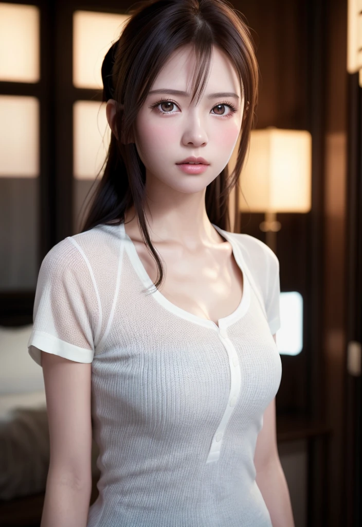 8K, of the highest quality, masutepiece:1.2), (Realistic, Photorealsitic:1.37), of the highest quality, masutepiece, Beautiful young woman, Pensive expression, Sweet look, Sexy white shirt、Hair tied back, Messy mood, Cinematic background, Tired, Light skin tone